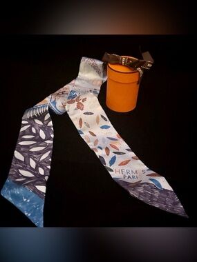 Hermes Silk Twilly Scarf in Light Blue, Navy, Orange and Brown